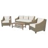 TREXM 4-Piece Rattan Outdoor Conversation Sofa Set with Wooden Coffee Table and Cushions Seating 5 People for Patio, Garden and Backyard (Brown Grey)