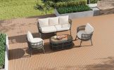 TREXM 4-Piece Rattan Outdoor Patio Conversation Set with Seating Set for 5 and Coffee Table for Porch, Backyard and Garden (Grey)