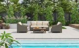 TREXM 4-Piece Rattan Outdoor Conversation Sofa Set with Wooden Coffee Table and Cushions Seating 5 People for Patio, Garden and Backyard (Grey)