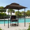 Outdoor Grill Gazebo 8 x 5 Ft, Shelter Tent, Double Tier Soft Top Canopy and Steel Frame with hook and Bar Counters, Brown