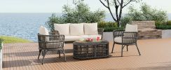TREXM 4-Piece Rattan Outdoor Patio Conversation Set with Seating Set for 5 and Coffee Table for Porch, Backyard and Garden (Grey)