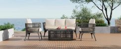 TREXM 4-Piece Rattan Outdoor Patio Conversation Set with Seating Set for 5 and Coffee Table for Porch, Backyard and Garden (Grey)