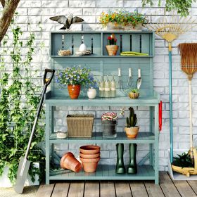 65" Large Wooden Farmhouse Rustic Outdoor Potting Bench Table; Patio Workstation; Garden Potting Bench with 4 Storage Shelves and Side Hook (Color: GREEN)